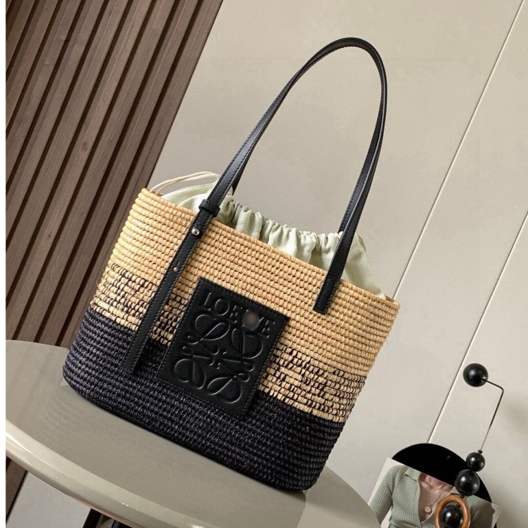 Tas LOEWE wanita selempang anyaman rafia dengan kulit asli square basket bag kecil elegan ringan unt