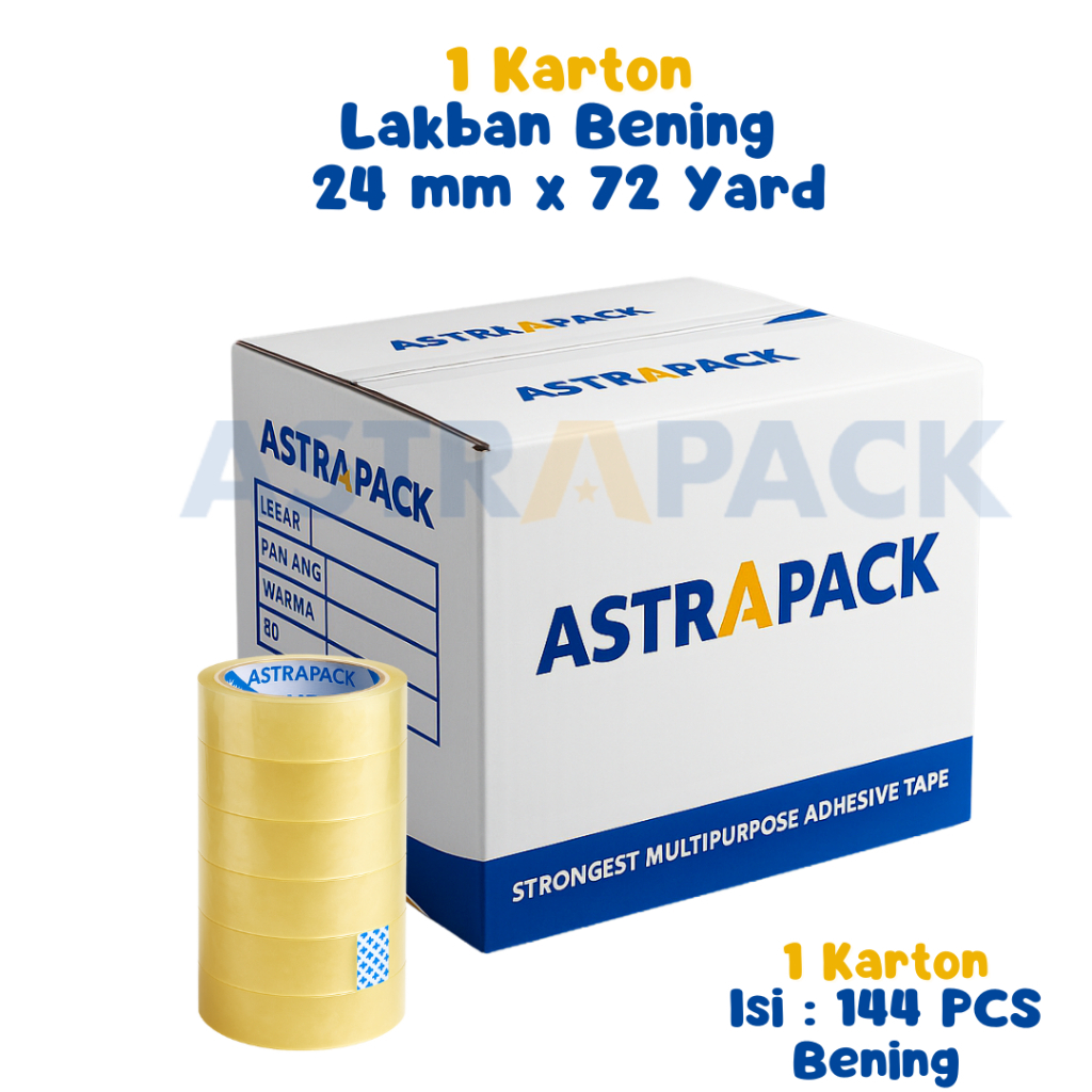 

Astrapack | 1 Dus Lakban Bening 24 mm x 72 Yard 45 Micron 144 PCS | Tersedia Instant Grosir