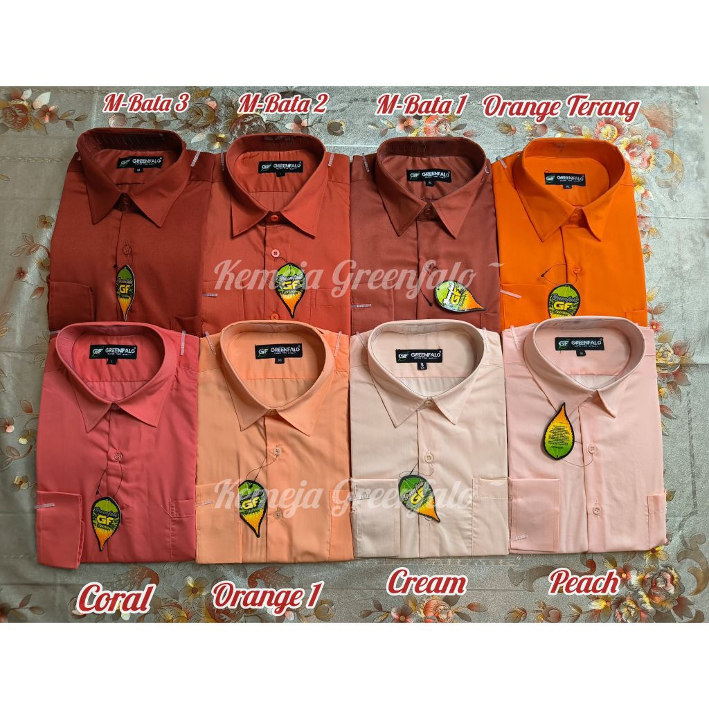 KEMEJA GREENFALO PRIA LENGAN PANJANG WARNA ORANGE, MERAH BATA, PEACH, CORAL, CREAM & DASI (HARGA DAS