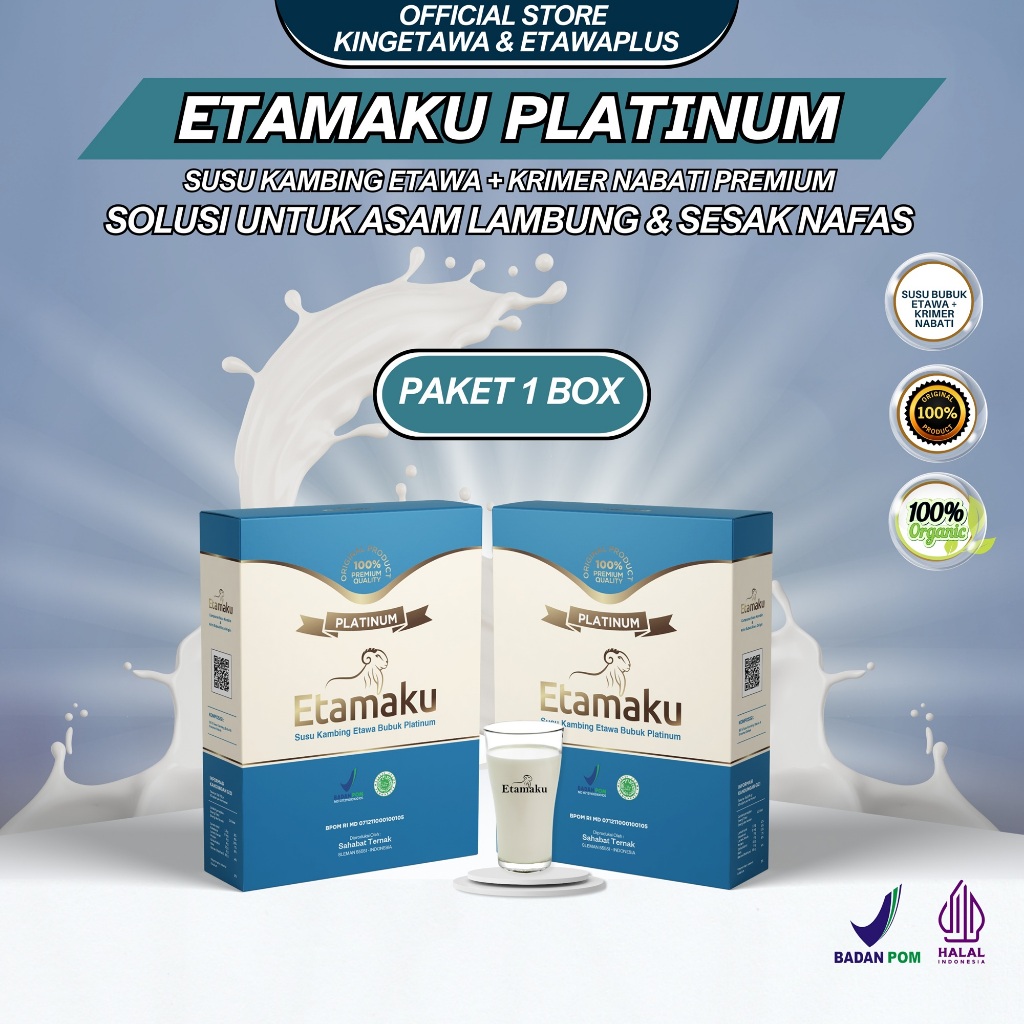 

Etamaku Platinum Susu Bubuk Kambing Etawa Untuk Sesak Nafas, Keluhan Pencernaan, Nyeri Sendi dan Osteoporosis Kemasan 250gram Paket 2 box