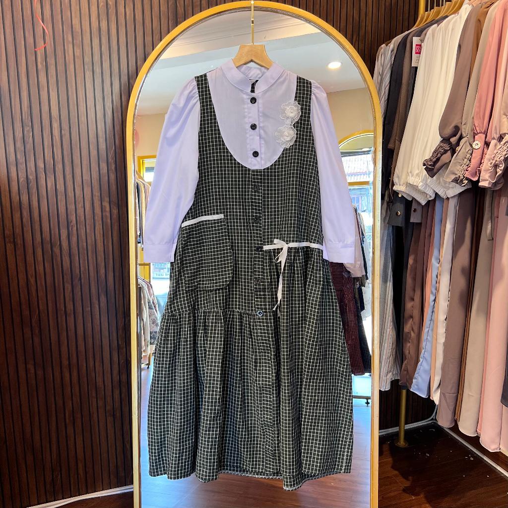 Orenji Sahiya Dress Overall Menyatu Flanel Kotak dress Jumbo Simple elegan gamis daily dress Wanita