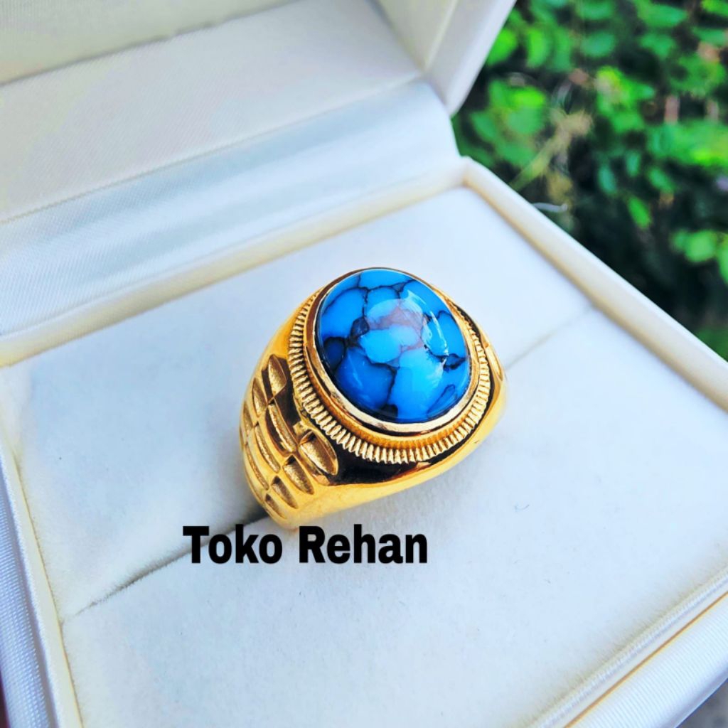 Cincin Batu Pirus Biru Serat Hitam Minimalis Mewah