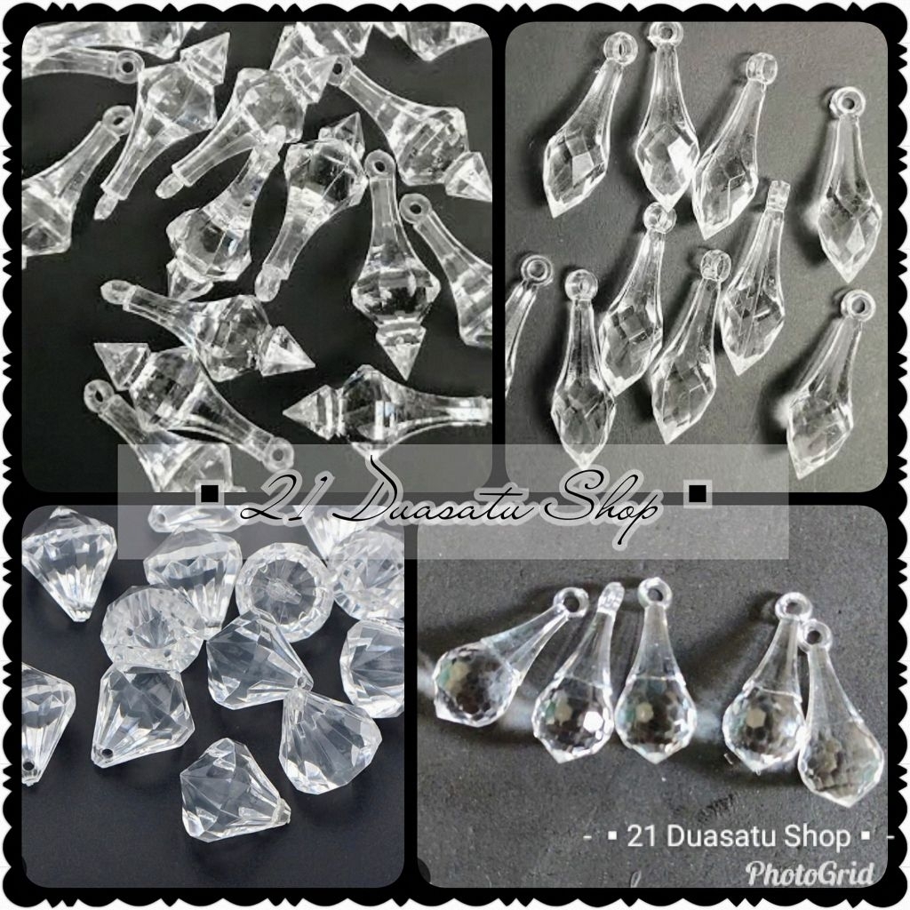 (Pon) Manik mote liontin bandul tombak akrilik bening aneka motif untuk dekorasi hiasan lampu krista