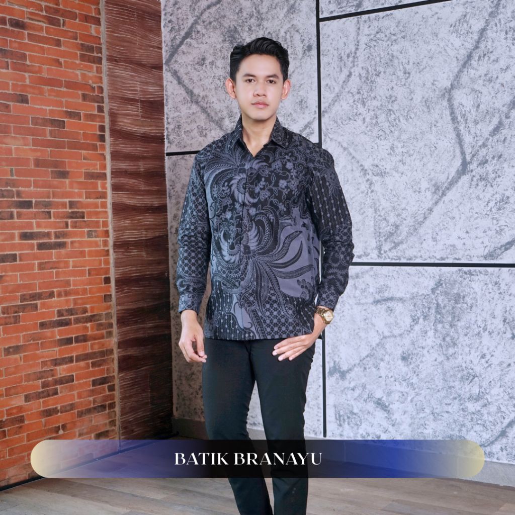 BATIK Branayu Kemeja Katun Pria SlimFit Lapis Furing Premium Motif BIMASENA Abu