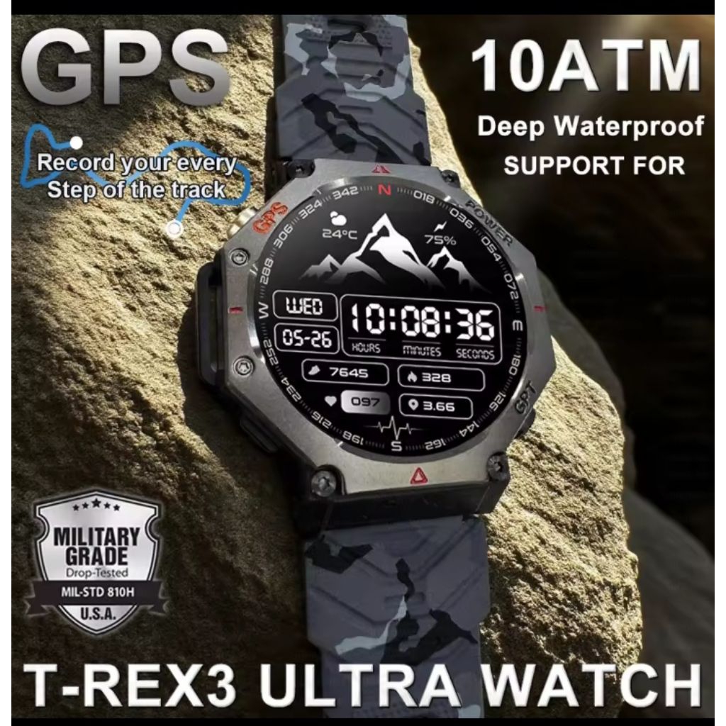 Jam Tangan Pintar Militer T-Rex 3 Built-in GPS Kompas Altimeter Barometrik 10ATM IP69K Tahan Air AMO