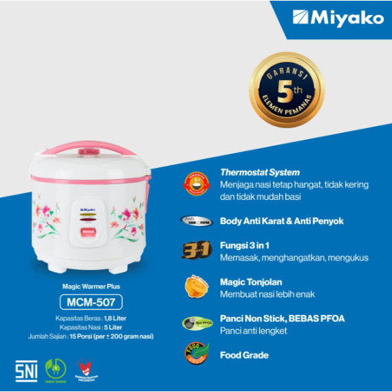 Magic com Miyako MCM507 Rice cooker Magic Warmer Plus - 1.8 Liter 395 watt