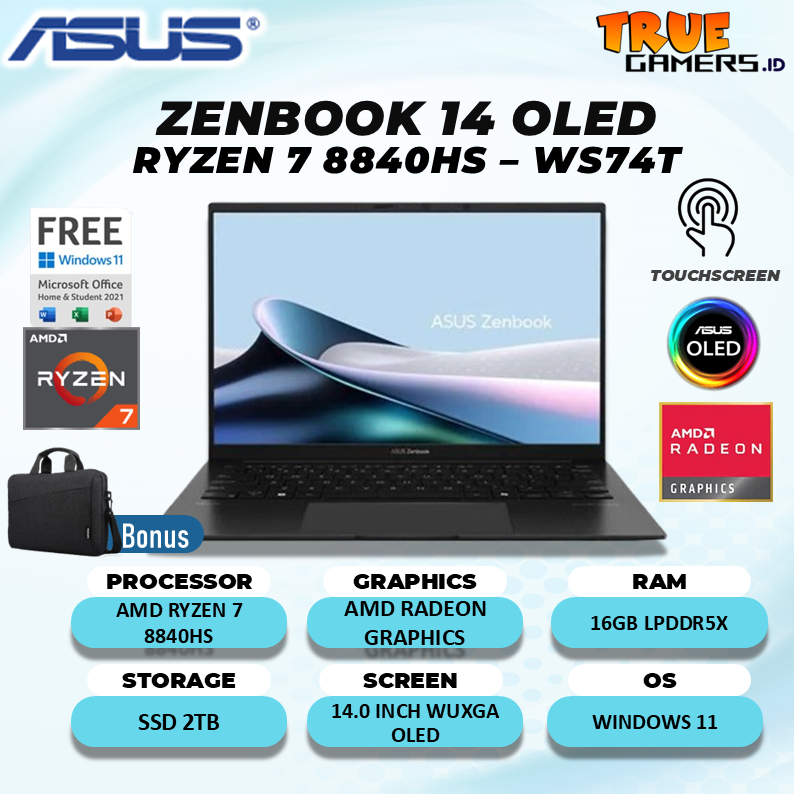 Laptop Asus Zenbook 14 Oled UM3406HA Touch Ryzen 7-8840 16GB 1TB SSD Win11 + Office 14.0"Oled 2.8k