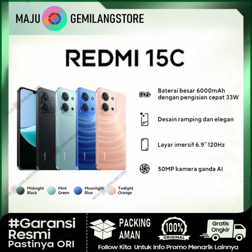 XIAOMI Redmi 15c [RAM 6+6GB/ 128GB] [RAM 8+8GB/ 256GB] Mediatek G81 ultra | Layar 6,9" - 120Hz | NFC
