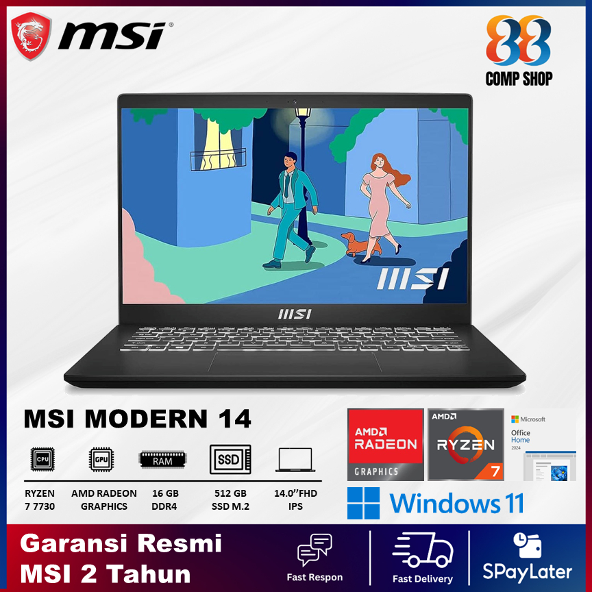 laptop MSI modern 14 AMD Ryzen 7 7730 16GB 512GB W11+OHS 14.0FHD IPS BLIT 2Y BLK