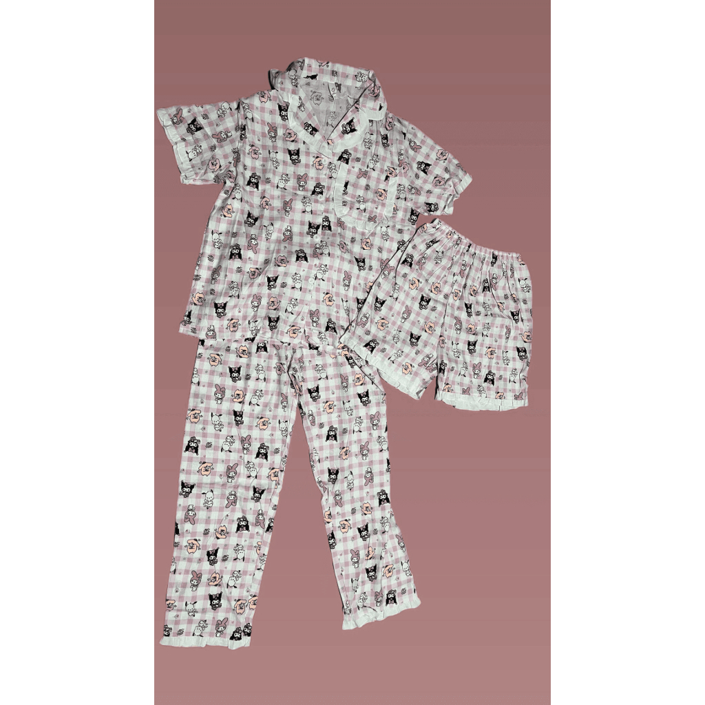 Kuromi Baju Tidur Wanita Dewasa Piyama Set 3 In 1 Baju Pendek, Celana Panjang dan Pendek Rayon