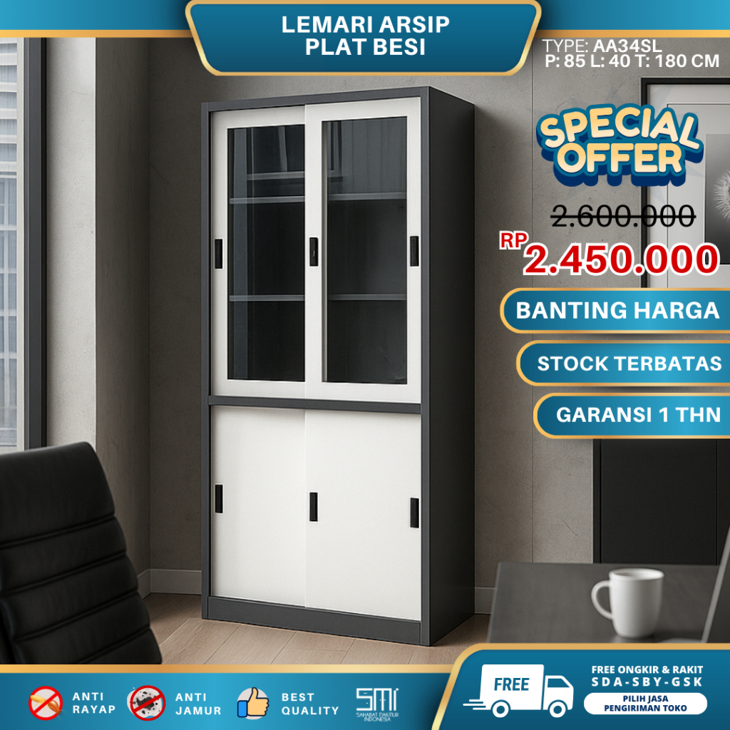 Lemari Arsip AA 34SL - Lemari Arsip Plat Besi / Filling Cabinet Sliding Door Almari Buku Swing Door