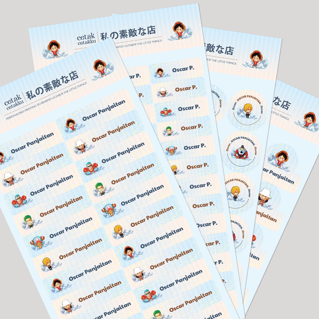 

ONE PIECE / COMBO PACK (1 Set : 4 ukuran & 4 bentuk) - 103 pcs / LABEL & STIKER NAMA WATERPROOF