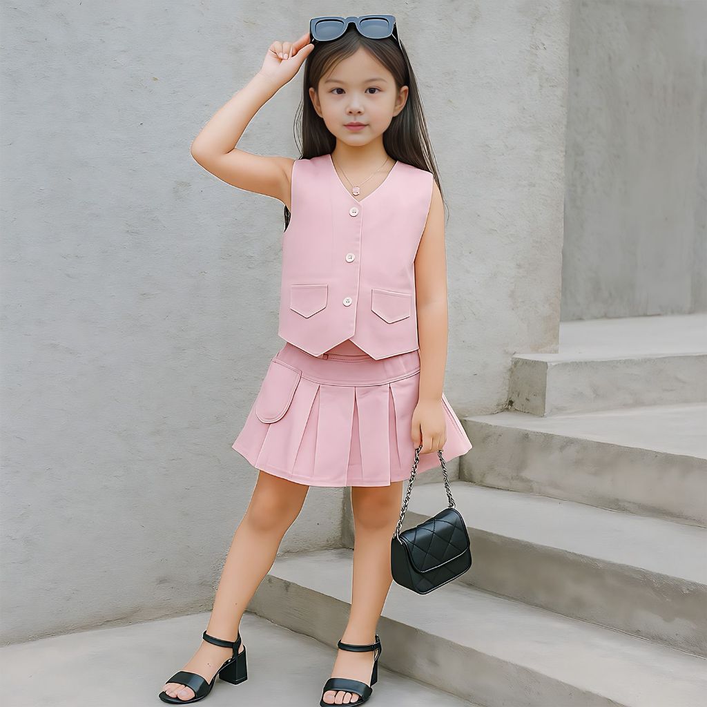 Oneset Anak Perempuan Usia 2–7 Tahun Setelan Anak Vest Rok Lucu Trendy