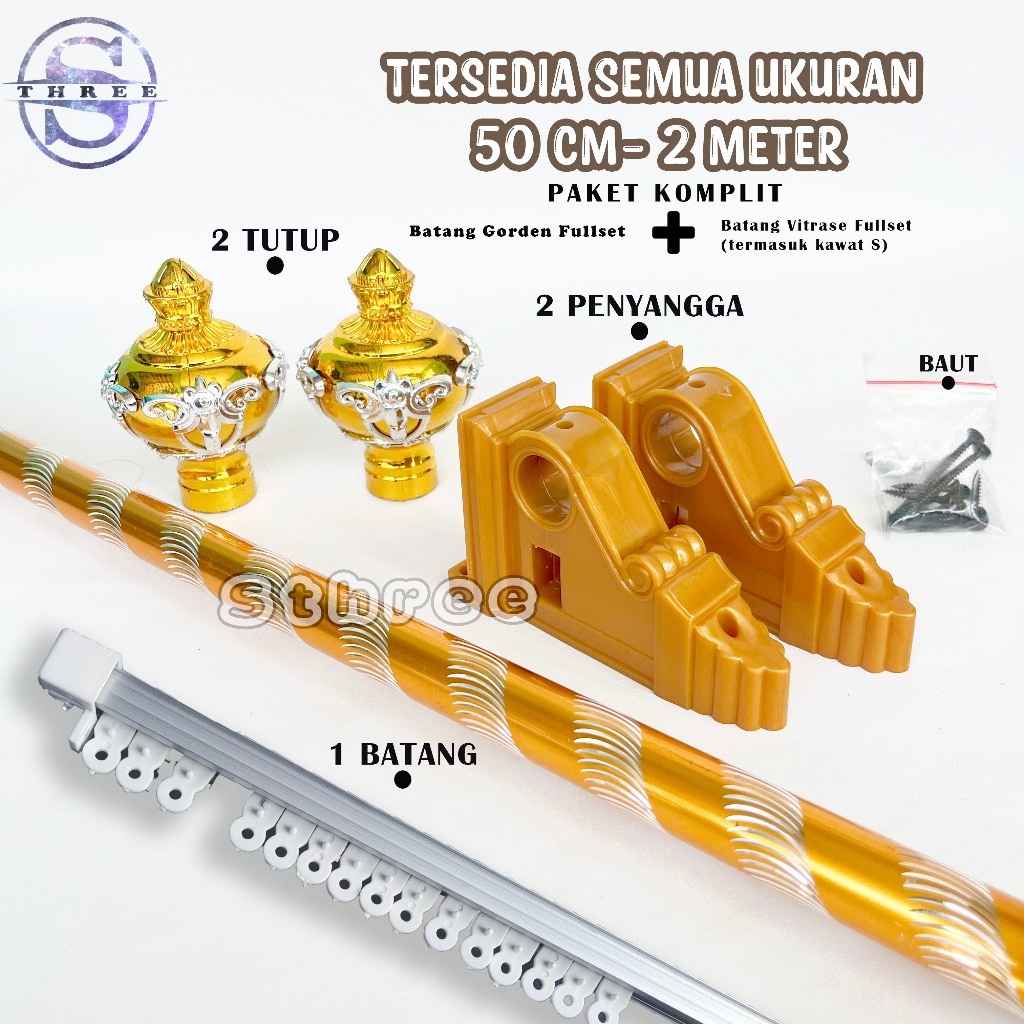 Batang Besi Gorden Fullset + Batang Vitrase Rollet Gorden 2 meter, 1.5 meter, 1 meter 50 cm