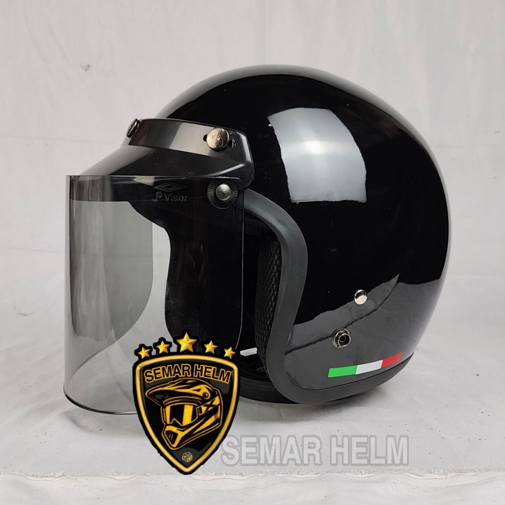 HELM BOGO DEWASA CLASIK TIGA GARIS KACA DATAR HITAM SNI Helm Retro wanita pria remaja dewasa