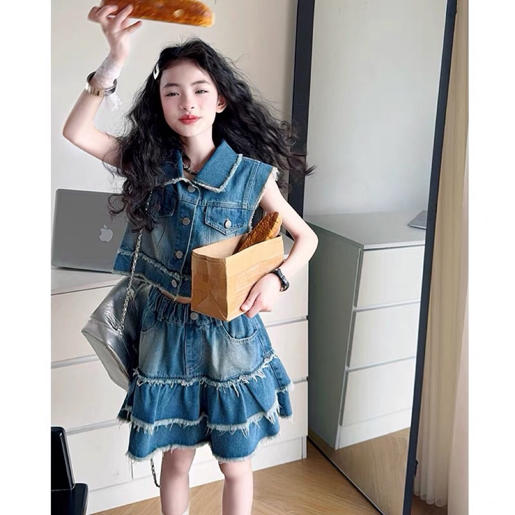 CHERYLL COLLECTIONS 3307 - Setelan anak perempuan jeans rimpel import - setelan anak perempuan impor