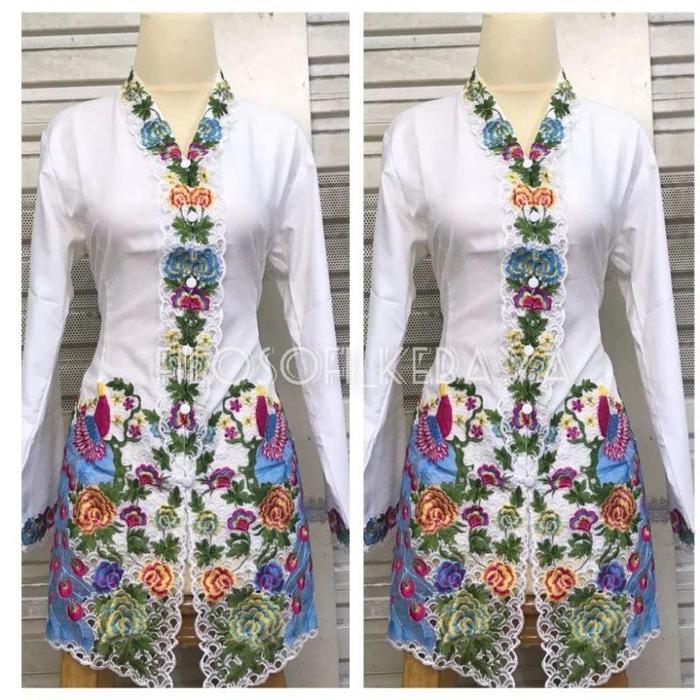 Atasan Kebaya encim betawi Motif Merak//Kebaya encim terbaru - fanta, M - PUTIH