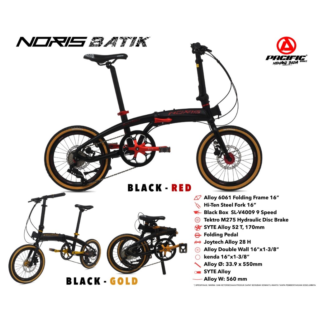 Sepeda Lipat Murah / Folding Bike 16 inch NORIS BATIK by Pacific, 9 Speed, Hydrolik
