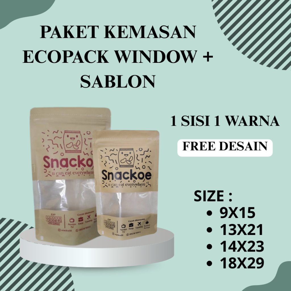 TERMURAH PAKET LENGKAP KEMASAN SABLON 100 PCS STANDING POUCH PAPPER WINDOW