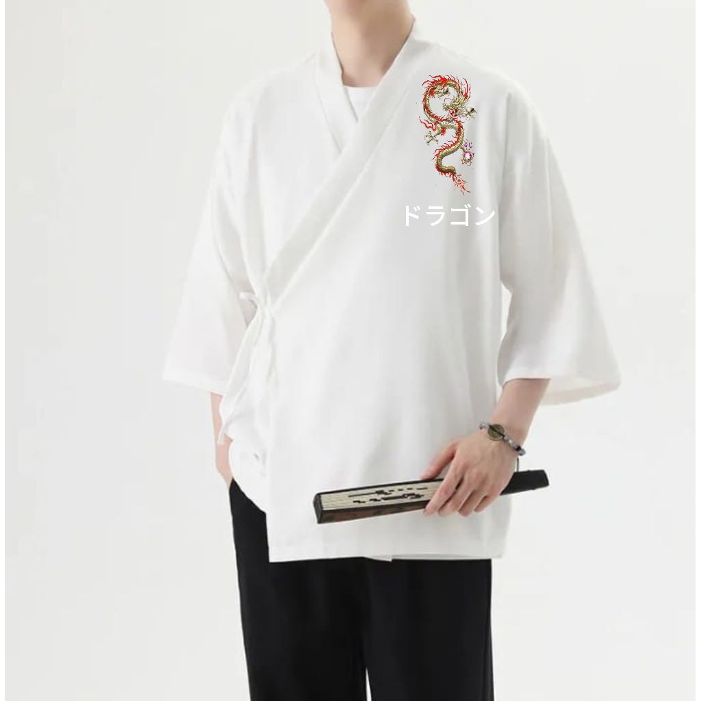 baju kemeja kimono pria Japan steel gambar naga terbaru casual nyaman keren formal bahan linen rami 