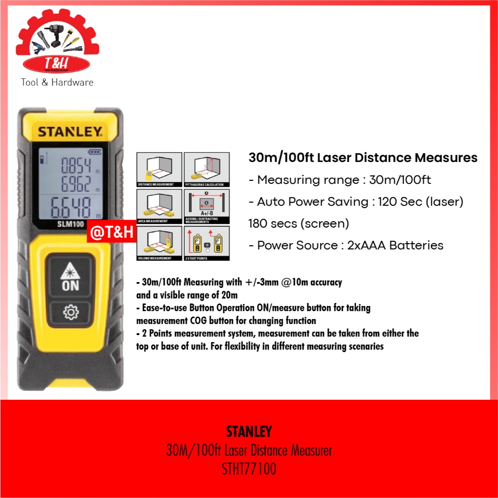Stanley STHT77100-0 Meteran Laser Digital 30m/100ft / Pengukur Jarak Laser Slm100 30m