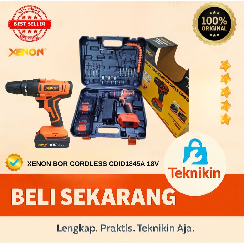 Bor Cordless Brushless Xenon X-CDID1845A 18V – Mesin Bor Kayu dan Beton Tanpa Kabel Plus 2 Baterai