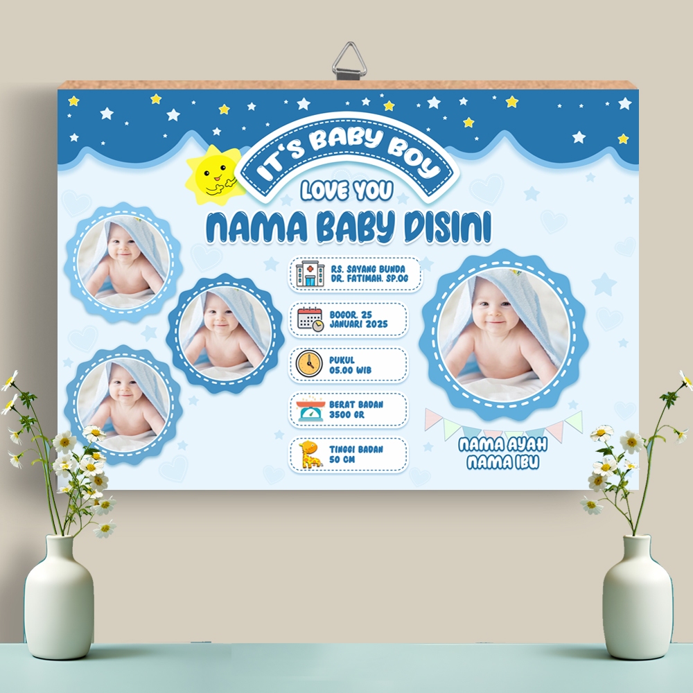 Biodata bayi hiasan dinding biodata tema biru Emon pink Emon biodata lucu bahan kayu mdf
