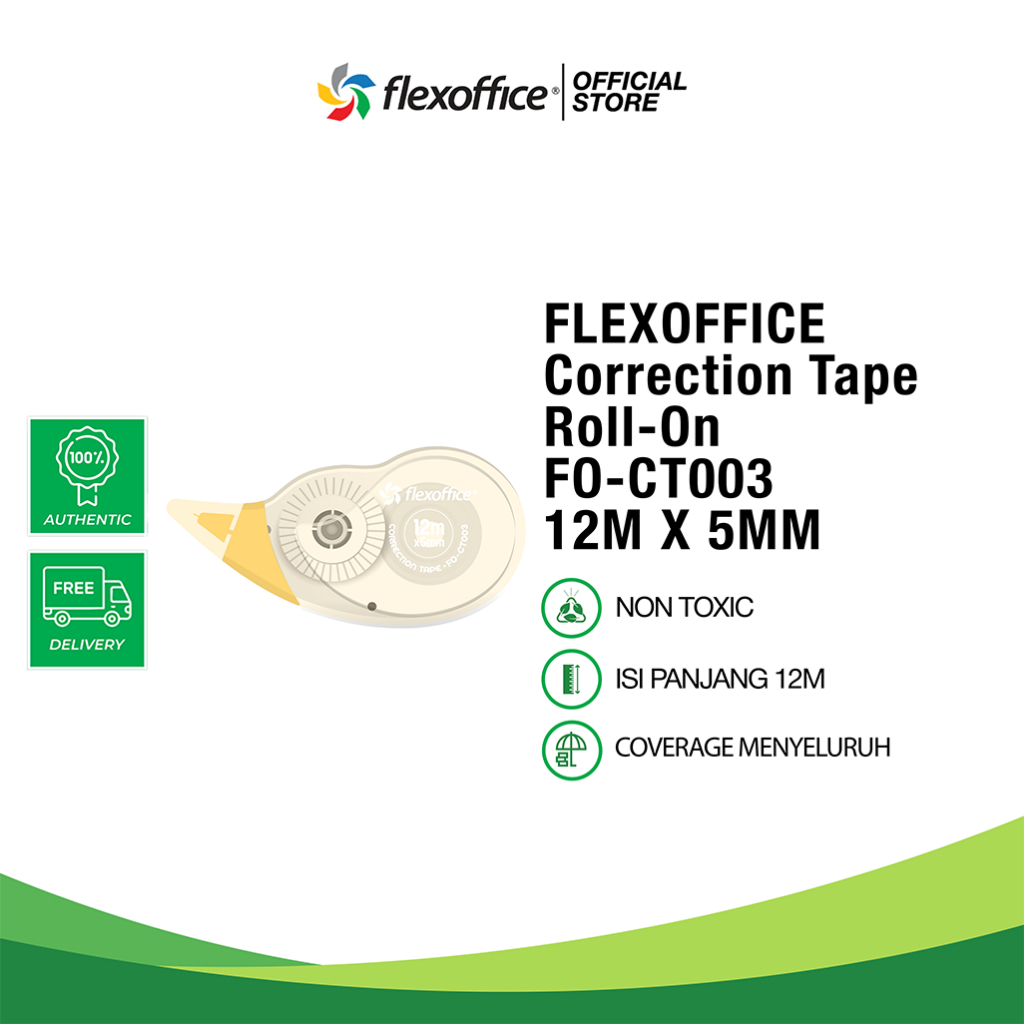 

FLEXOFFICE CORRECTION TAPE ROLL-ON FO-CT003 12M X 5MM tip ex putih bersih gampang dipakai belajar