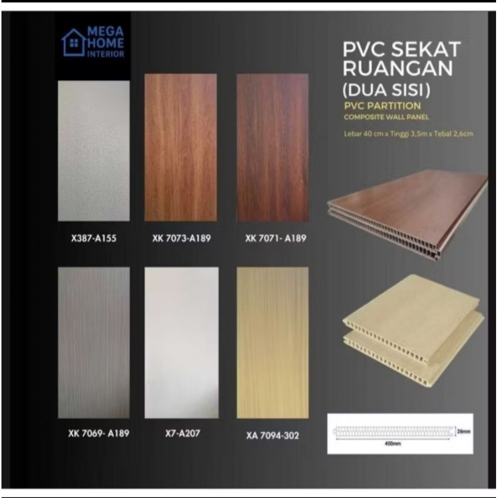 PVC Sekat Ruangan Dua Sisi / Partisi Dinding PVC - Wall Panel Motif Kayu & Polos