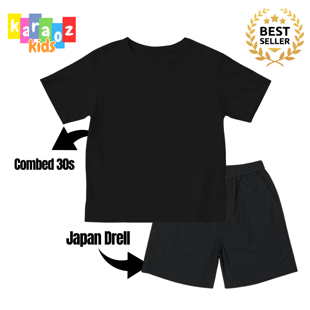 KARAOZ - Setelan Kaos Polos Anak Usia 2 - 12 Tahun Warna Hitam