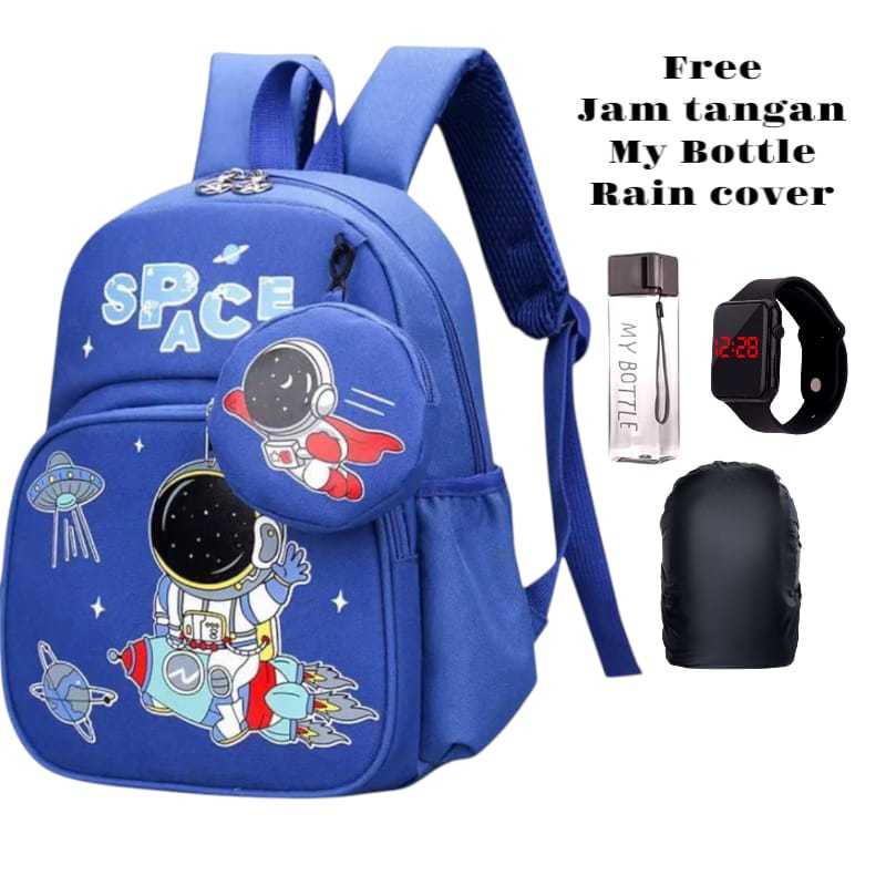 Tas Ransel Anak TK SD Motif Astronaut Luar Angkasa Space Roket Biru Lucu Sekolah PAUD Keren Backpack