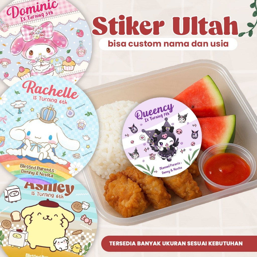 

PROSES CEPAT - STIKER ULANG TAHUN CUSTOM KARAKTER SANRIO / STIKER HAMPERS / STIKER BENTO