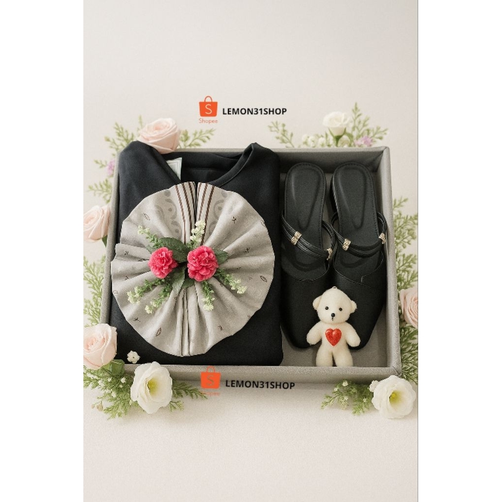 PAKET SESERAHAN GAMIS HIJAB SEPATU HANTARAN NIKAH KADO GIFT HADIAH DRESS JILBAB SEGIEMPAT AZARA