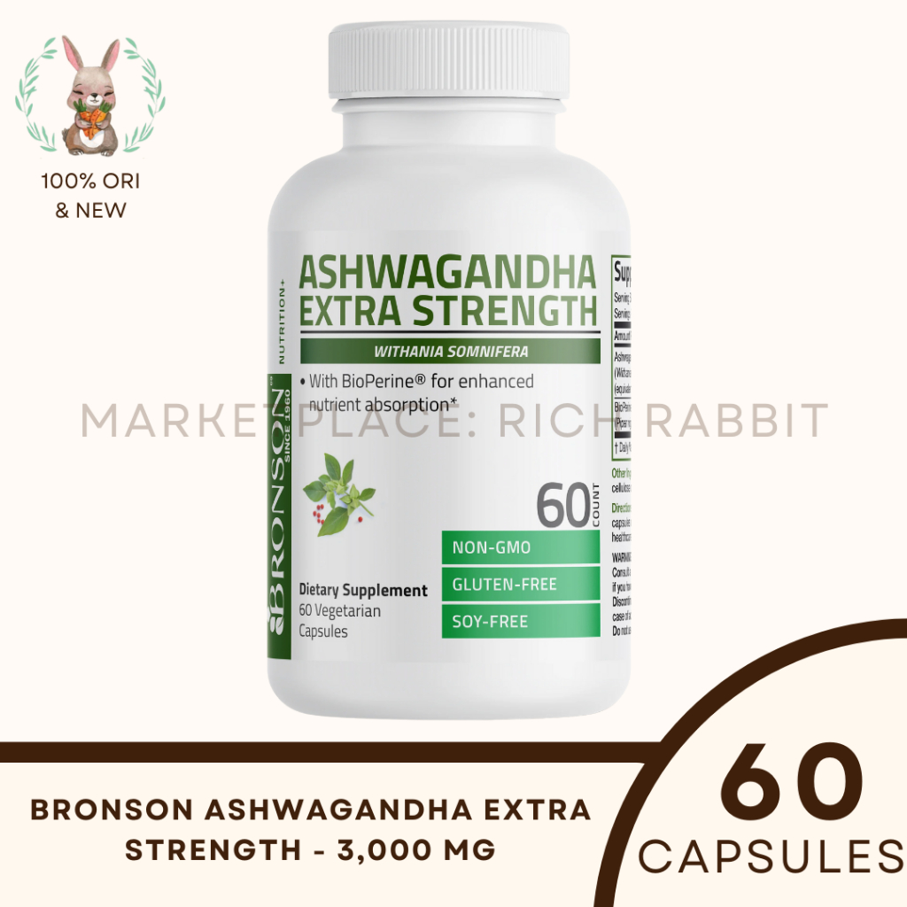 Bronson Ashwagandha Extra Strength - 3,000 mg Mood Booster Energy Support Stress Suplemen Rich Rabbi