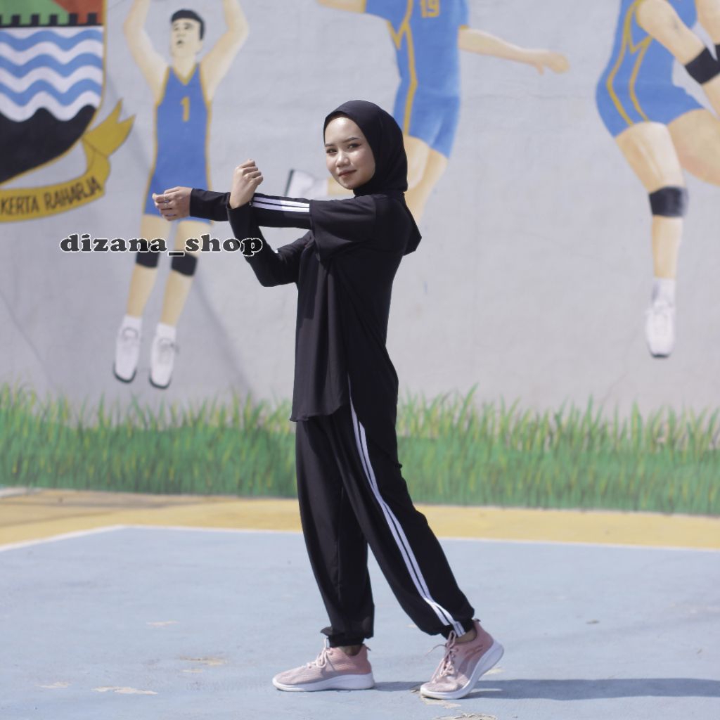 jenita one set 3 in 1 baju stelan olah raga wanita muslimah set sport, jilbab, atasan dan celana kul
