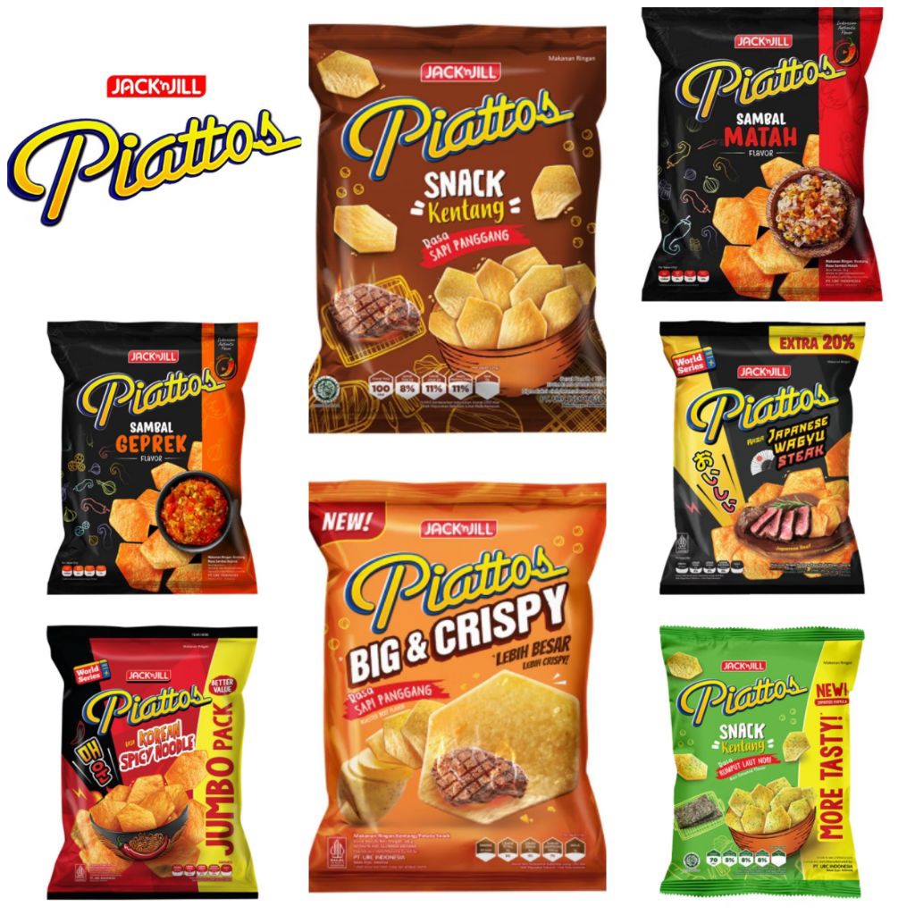 

Piattos Snack Kentang Rasa Sambal Geprek / Piattos Snack Kentang Sapi Panggang / Piattos Snack Kentang Korean Spicy Noodle / Piattos Snack Kentang Rumput Laut Nori / Piattos Snack Kentang Japanese Wagyu Steak / Piattos Snack Kentang Sambal Matah