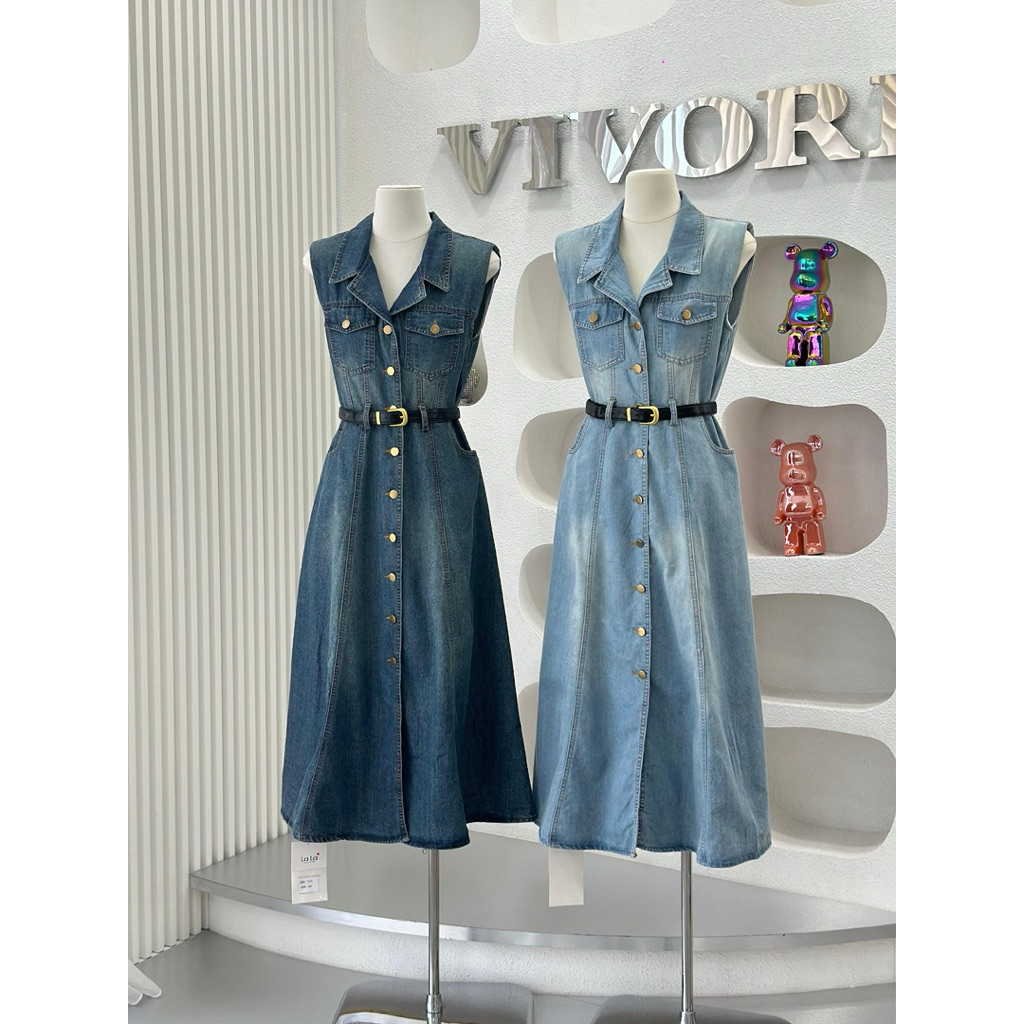 lorine denim, dress vivorie, dress midi jeans, midi denim, setelan denim, set vivorie, set denim bkk