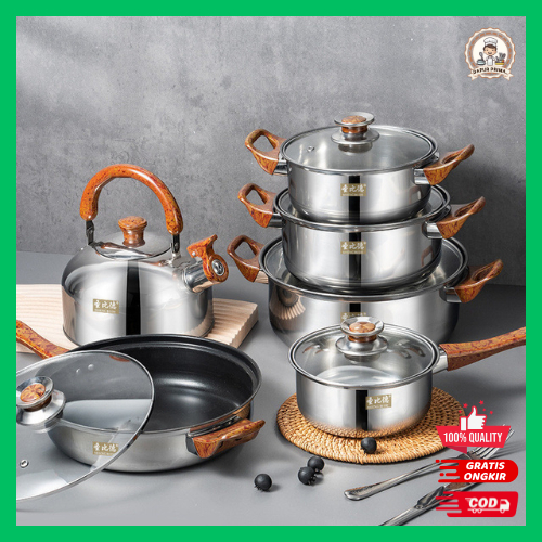 Dapur Prima - Stainless Cookware Set Peralatan Masak Pegangan Kayu Kuali Frying Pan 270A