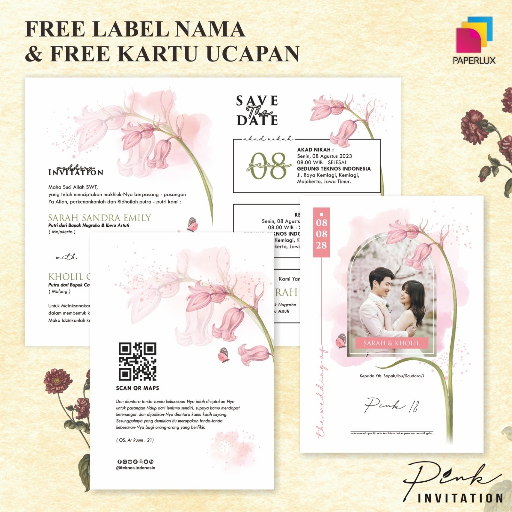 UNDANGAN PERNIKAHAN MURAH - CETAK UNDANGAN NIKAH CUSTOM FOTO - UNDANGAN PINK FULL COLOUR