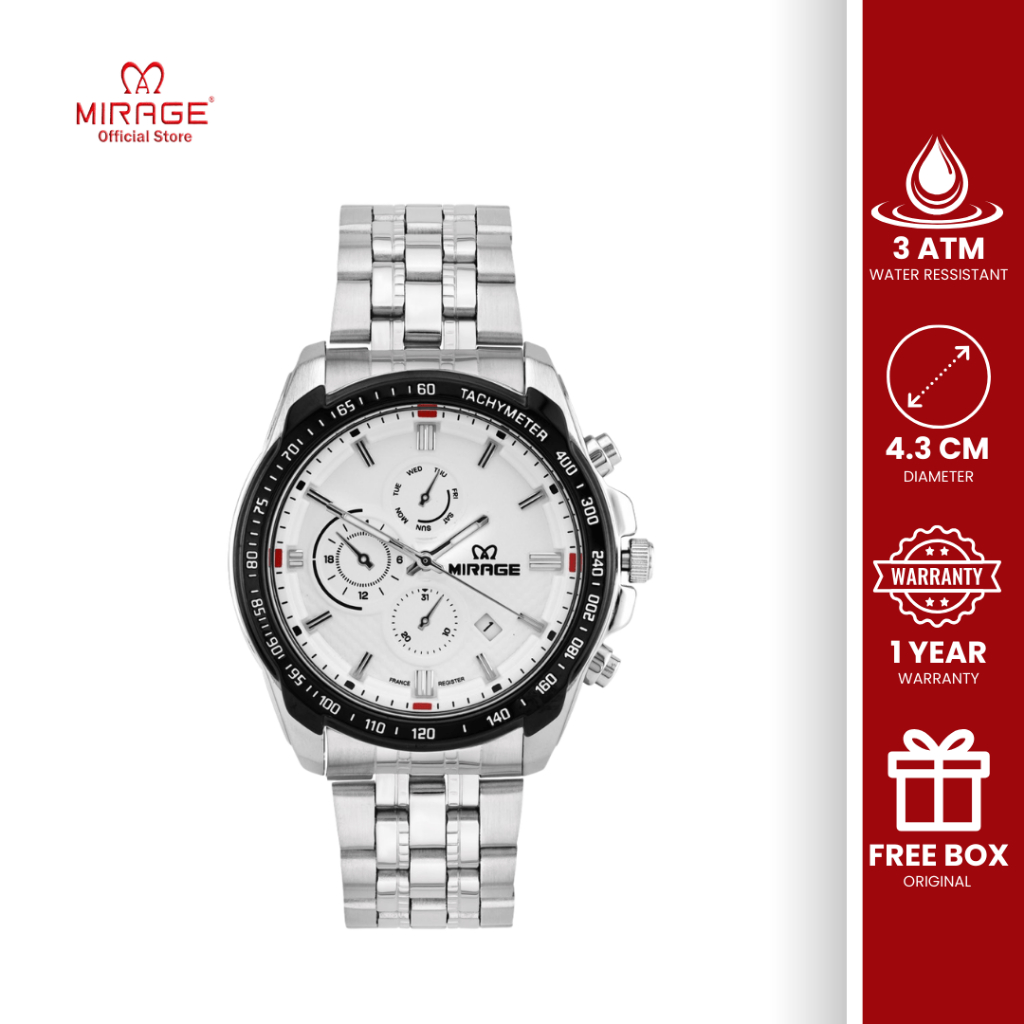Mirage Jam Tangan Chrono Pria Sporty Analog Formal Garansi Anti Air Silver 8535 / 8883 M Original