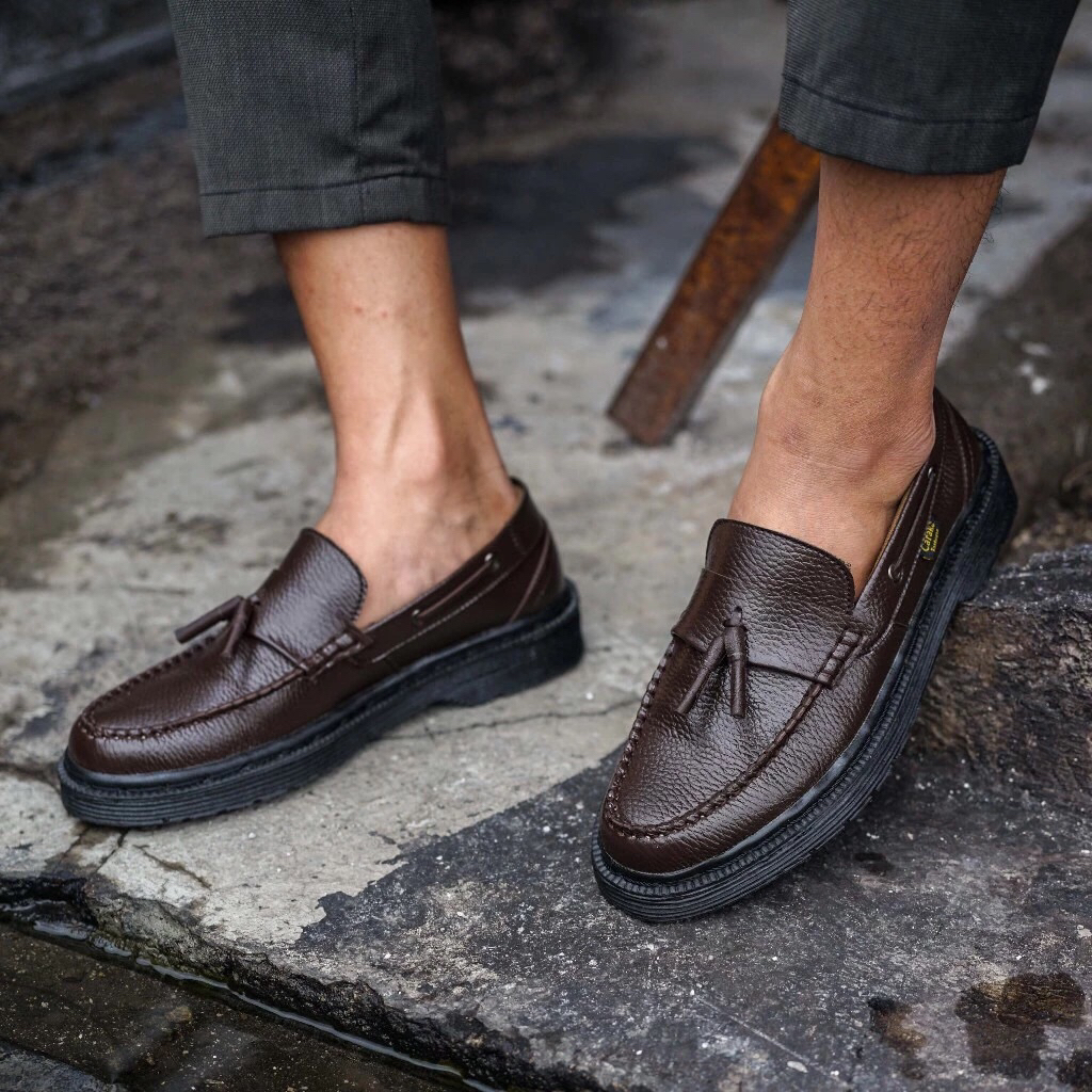 Loafers Pria Rajut Coklat-Hitam | Sepatu Formal Pria | Loafers Pria | Sepatu Loafers Kulit Jeruk