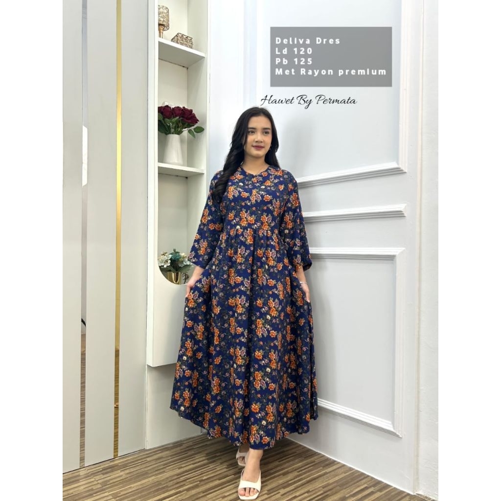 Deliva Dress midi rayon motif wanita muslim