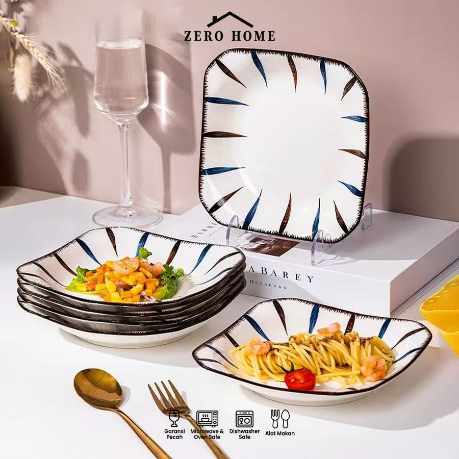 (ZERO HOME) Piring Makan Saji Persegi Corak Aesthetic / Piring Makan Kotak Keramik Putih Tebal Mewah