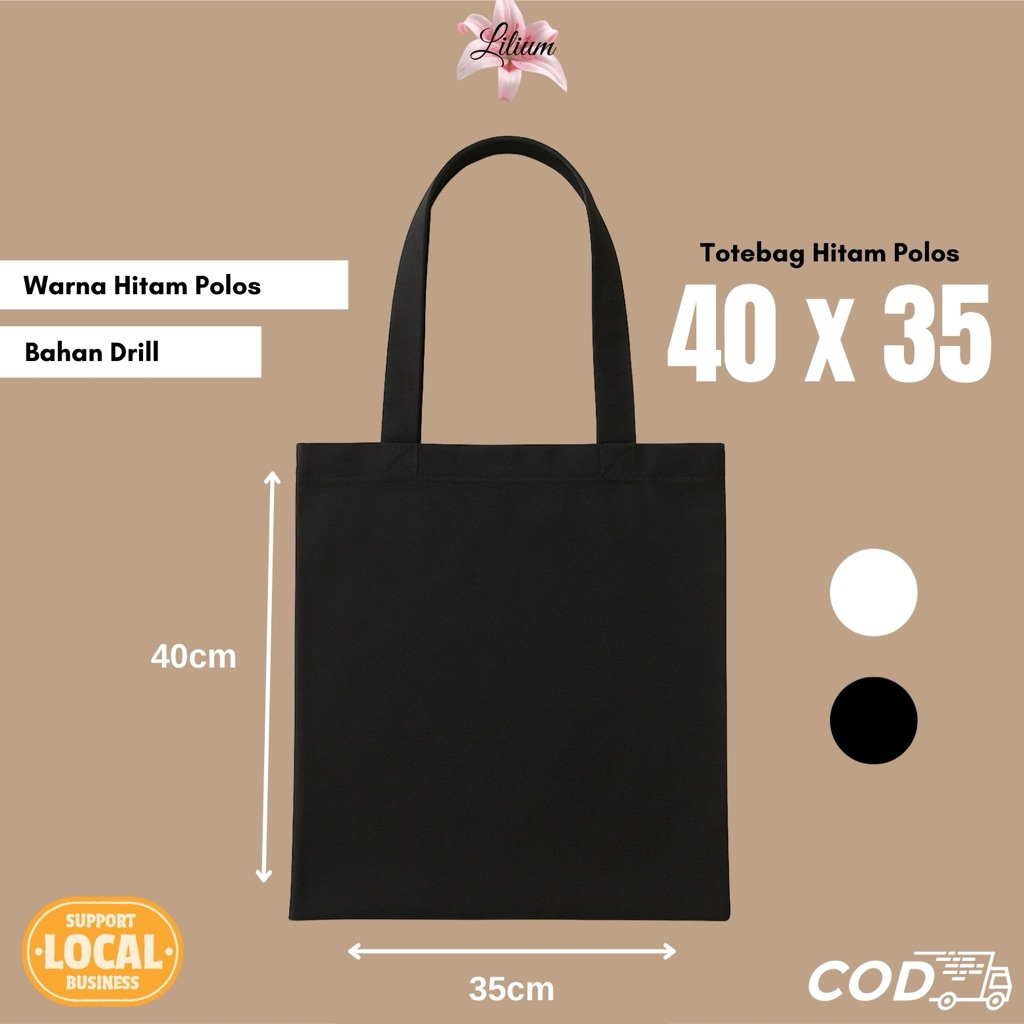 Totebag Hitam Polos 40 x 35 | Totebag Berbagai Ukuran | Totebag | Totebag Drill | Totebag Polos | To