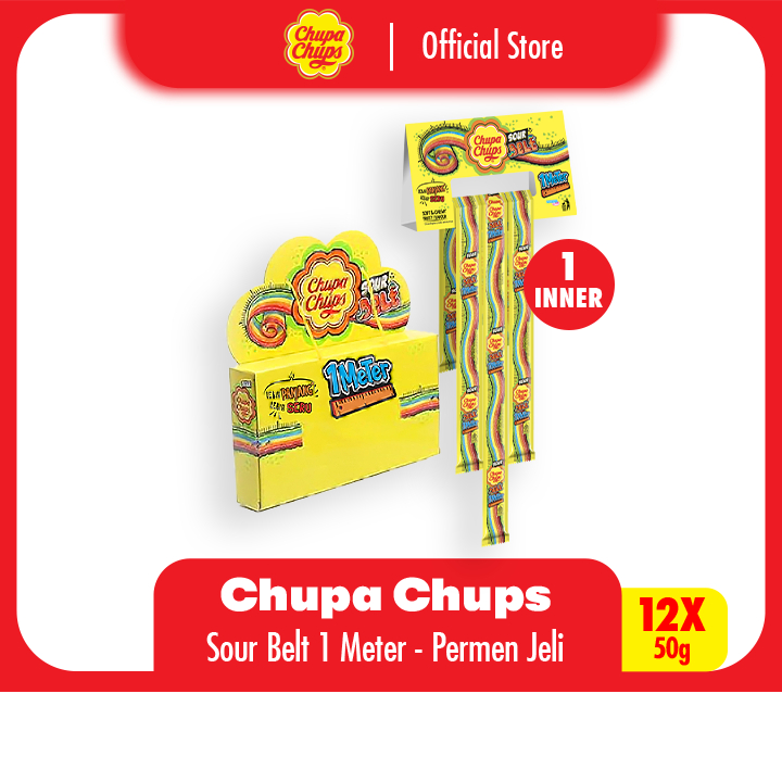 

Chupa Chups Sour Belts Soft and Chewy 1 meter 50g - Permen Jeli Rasa Aneka Buah (1 Box)