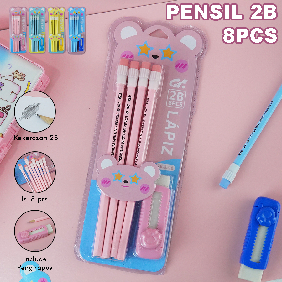 

Pensil 2B Pensil Serut + Penghapus 8 Pcs Alat Tulis Warna Soft Perlengkapan Sekolah PE-010104