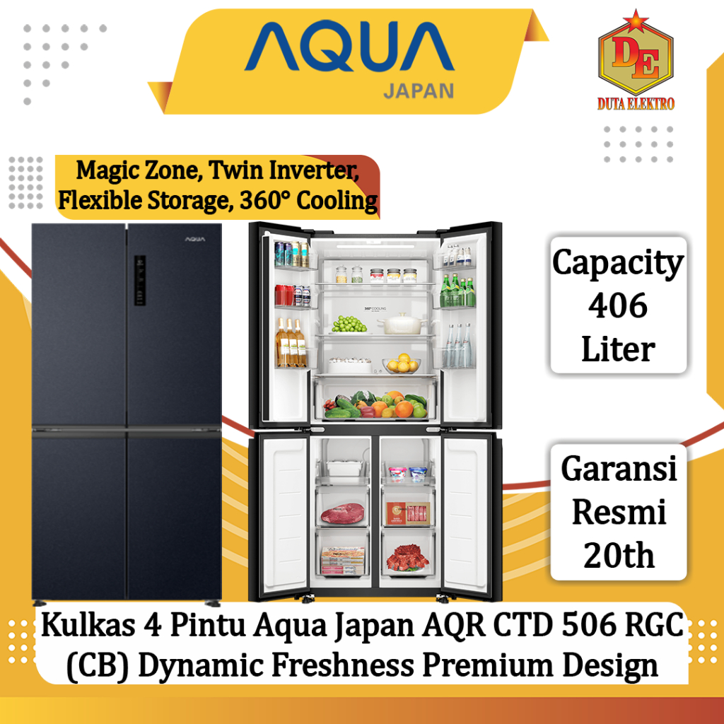 Kulkas 4 Pintu Aqua Japan AQR CTD 506 RGC (CB) Dynamic Freshness Premium Design & Texture