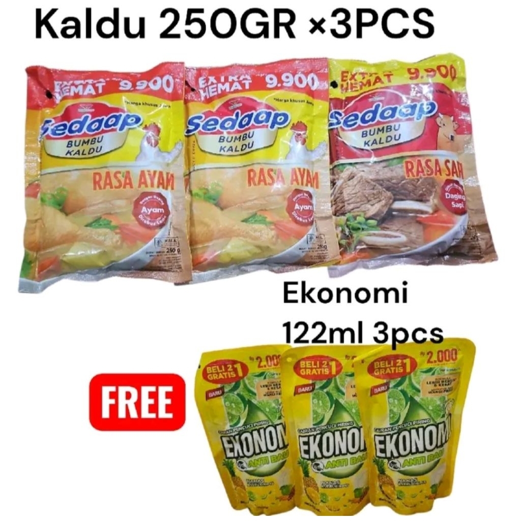

sedap kaldu ayam/sapi 250gr×3pcs free ekononi 122ml 3bungkus