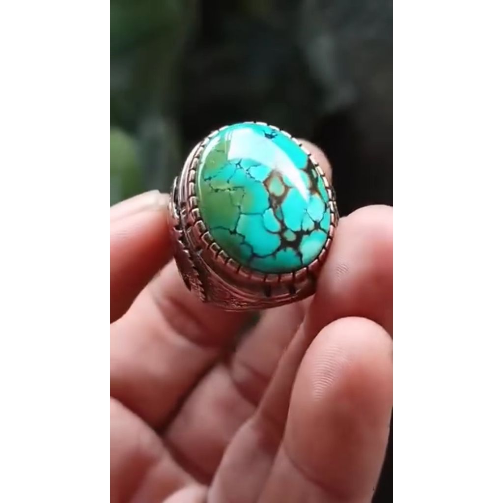 Cincin Batu Pirus Hubei Asli Motif Jaring Urat Hitam