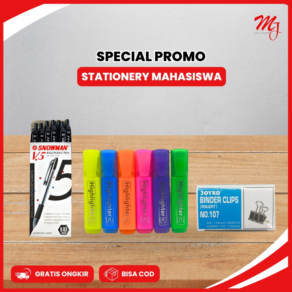 

Bundling Stationery Mahasiswa Paket ATK Mahasiswa 3in1 Ballpoint Highlighter Binder Clip